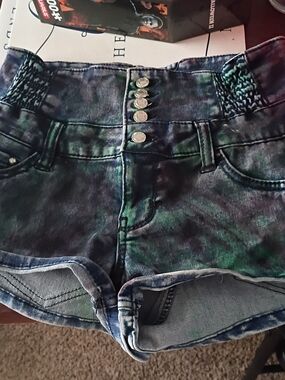 Almost Famous High-Waist Tie-Dye Denim Shorts in Blue and Green